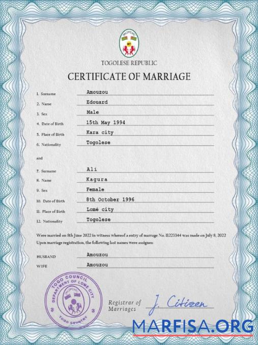 Blank Togo marriage certificate PSD template